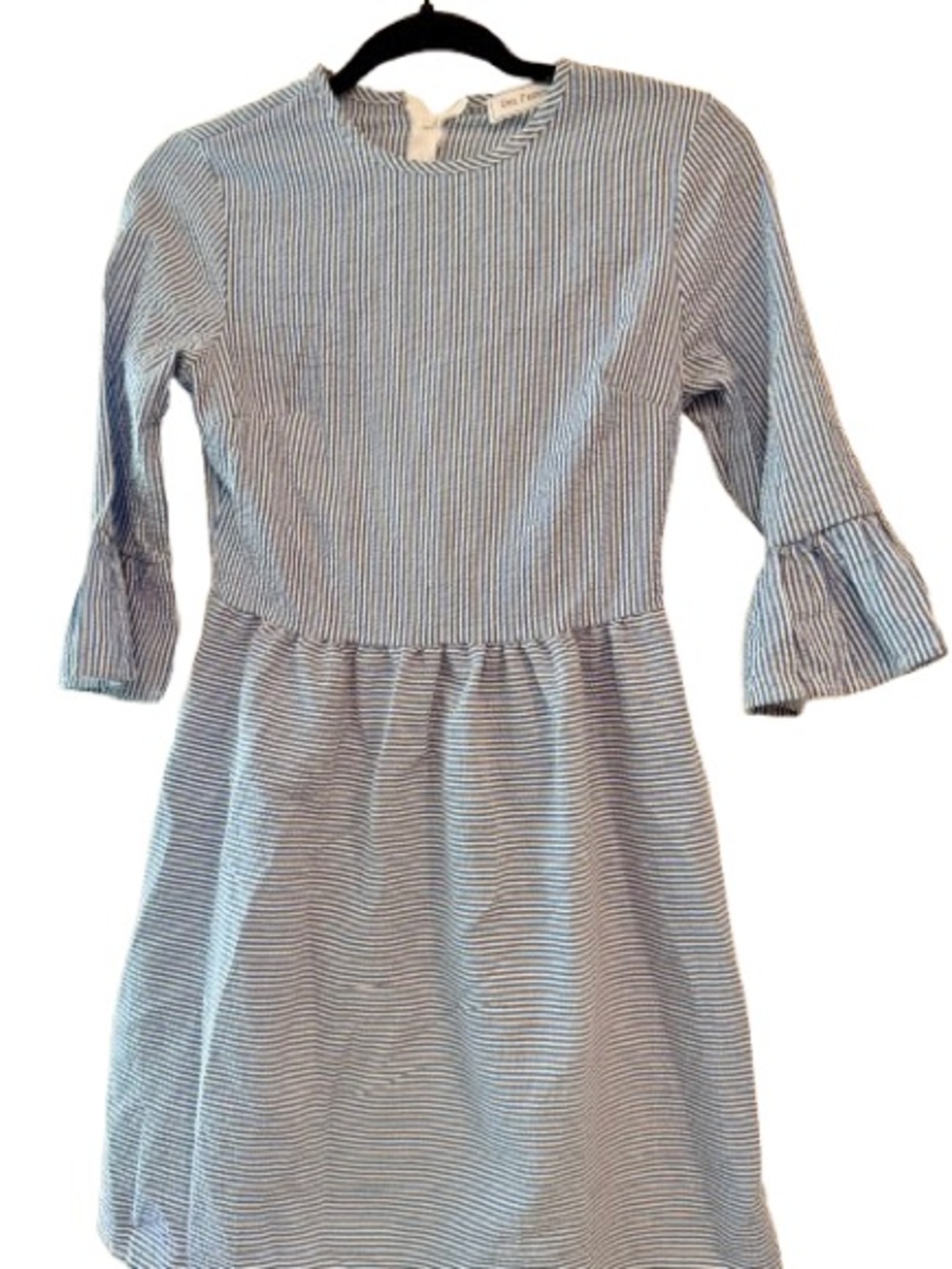 C’est Femme Blue Seersucker Stripe Ruffle Sleeve Dress Feminine Coquette